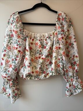 Alice + Olivia White Floral Puff-Sleeve Crop Top silk cotton medium